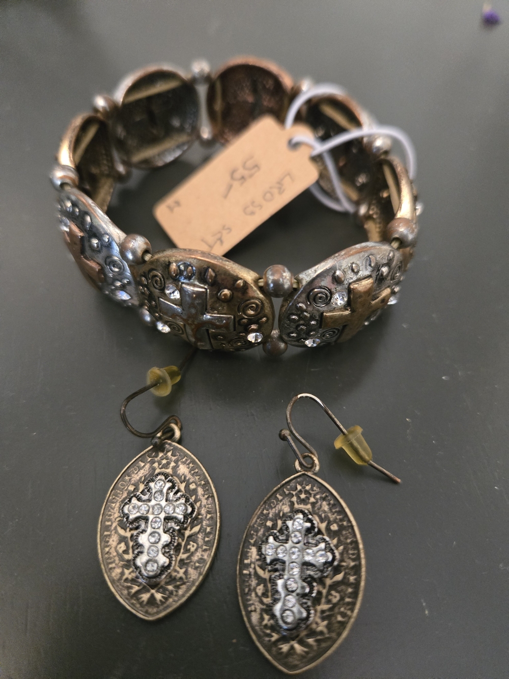 Antique-Style Bronze Cross Stretch Bracelet & Earring Set - Bronze
